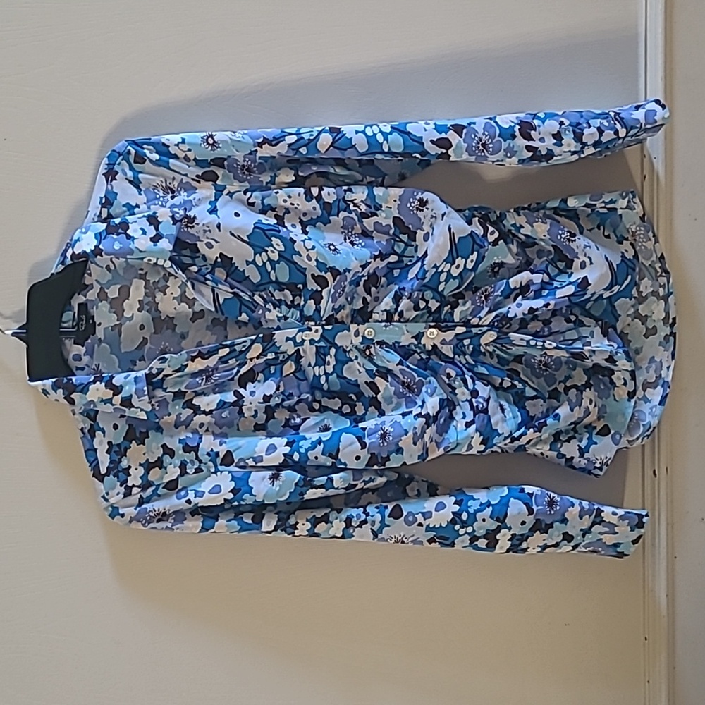 Rails Lisa Top Zinnia Blooms Blue Floral Long Sleeve Stretch Button Up Ruched M - Picture 4 of 11